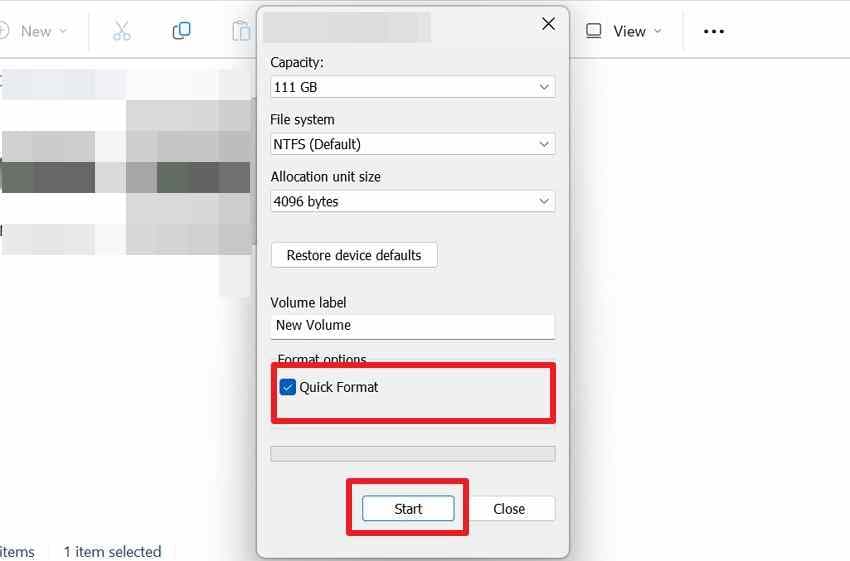 windows format dialog with ntfs selected and quick format checked