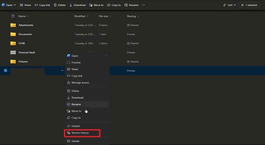  navigate to onedrive version history 