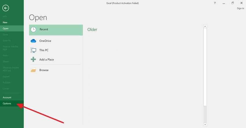 access the excel options 
