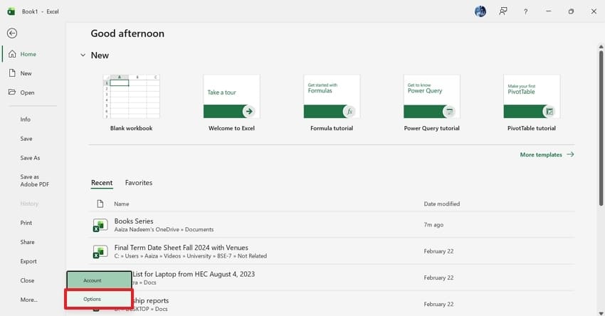 open excel file select options