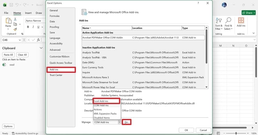 excel add-ins go excel worksheet