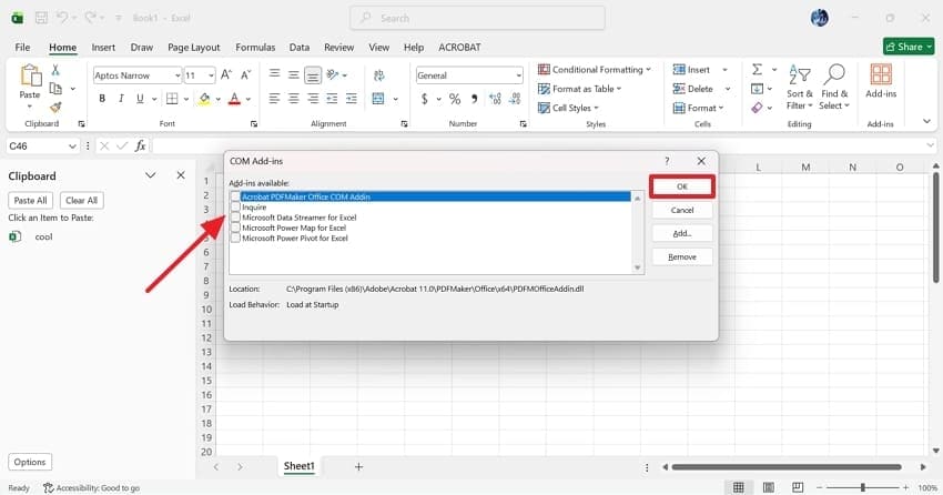 uncheck com addins click ok