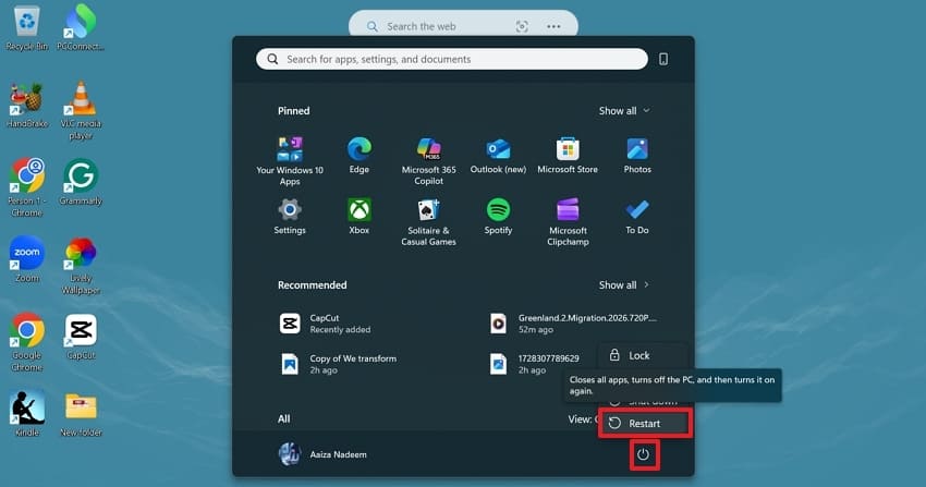power icon restart pc