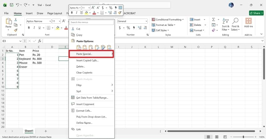 paste special feature excel worksheet