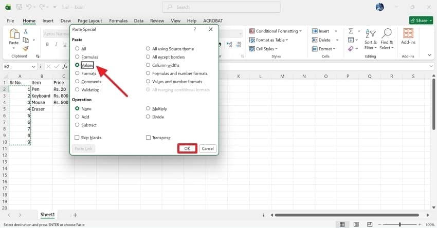 paste values click ok excel