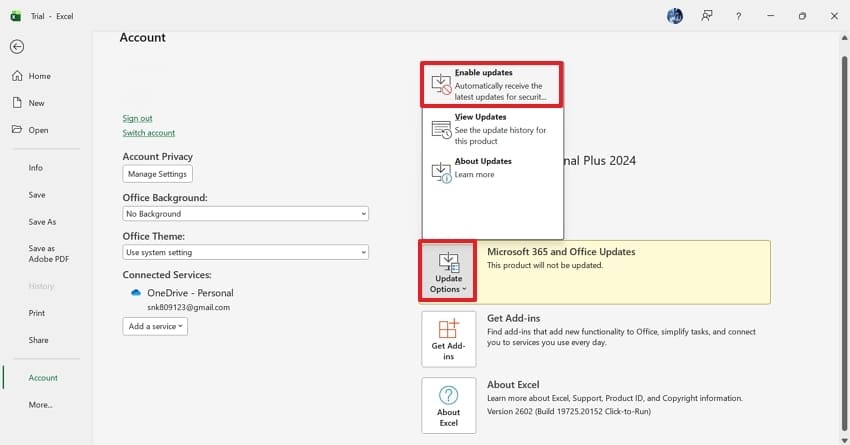 update options enable updates excel