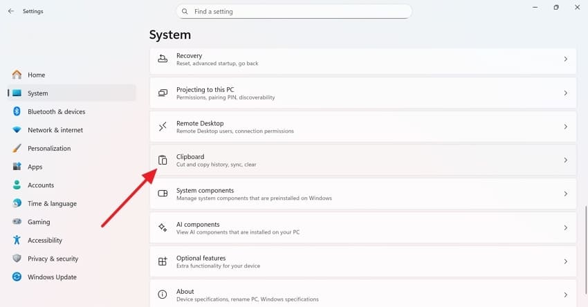 clipboard in system settings windows
