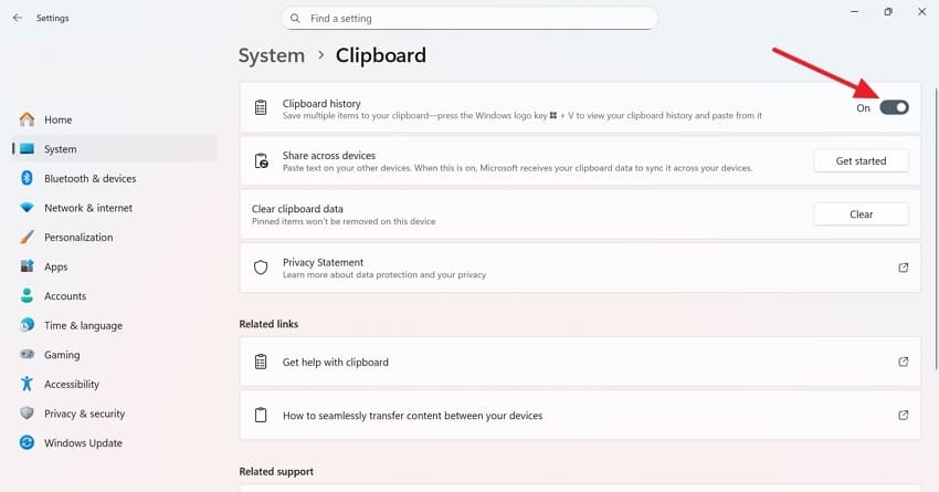 disable and enable clipboard history
