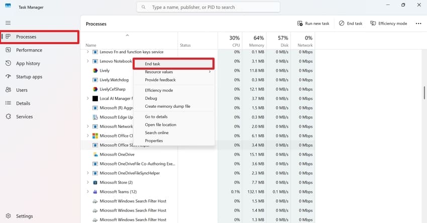 processes end task microsoft office