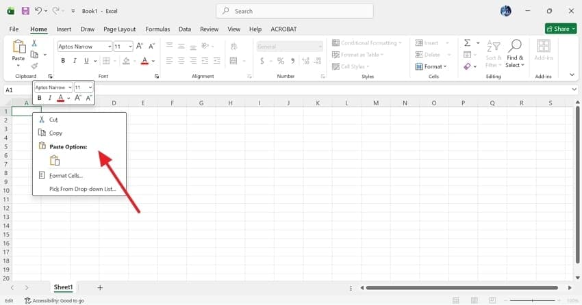 check copy paste feature excel
