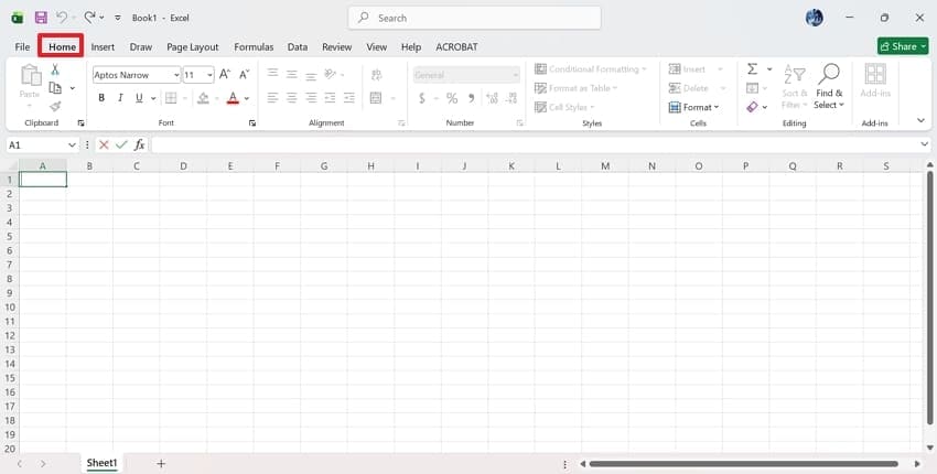 open excel worksheet home tab