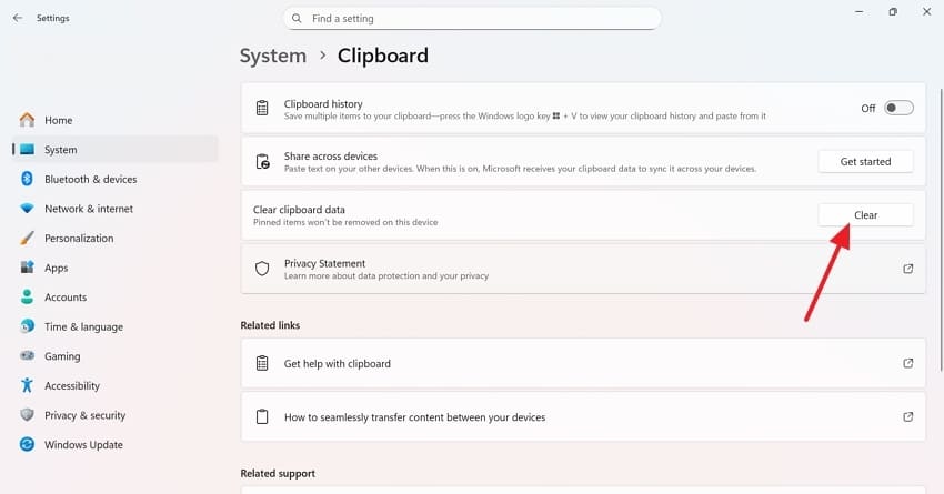 clear clipboard data windows 11