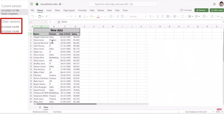 select previous version of file