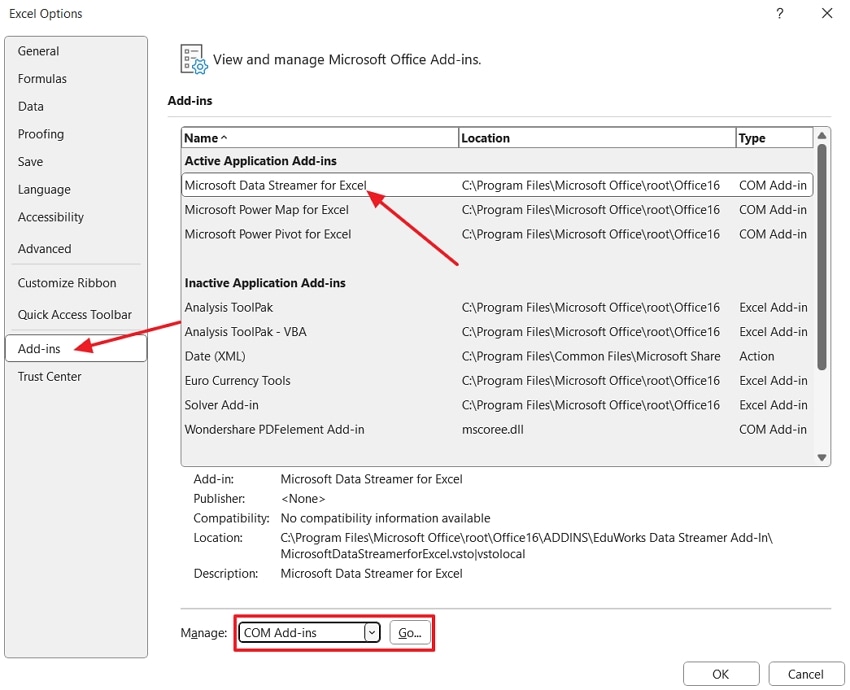 access add ins options excel app