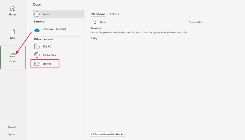 go to browse excel file option