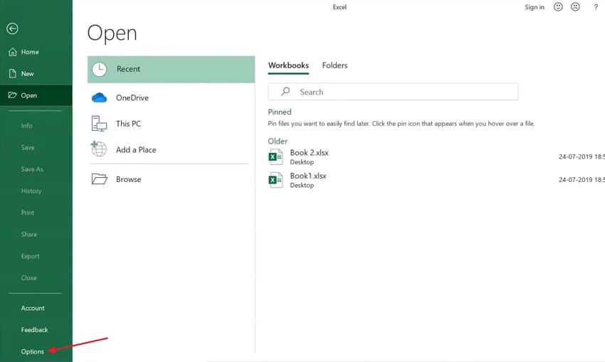 access excel options window