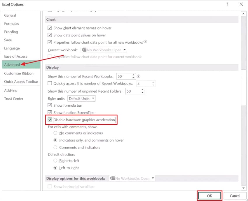 disable graphic hardware acceleration excel