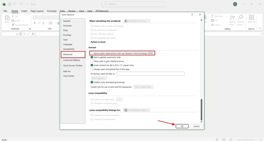 excel enable dde options