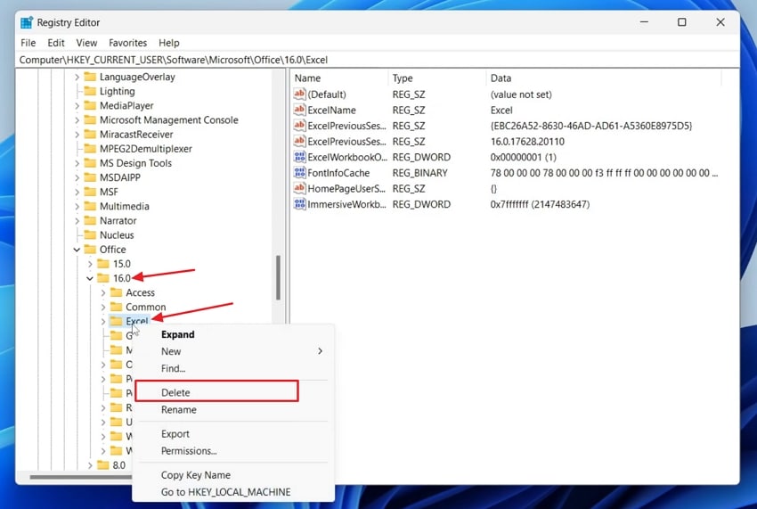 delete excel folder registry editor