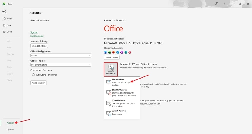 update office version excel app