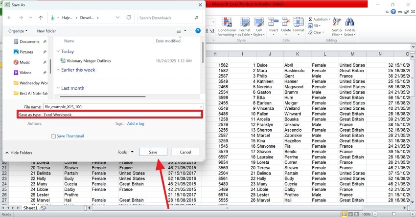 save file as xlsx workbook