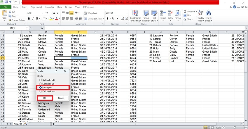 remove entire row or column