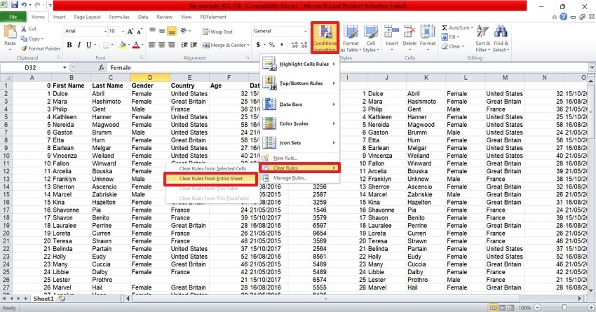 clear rues from excel sheet