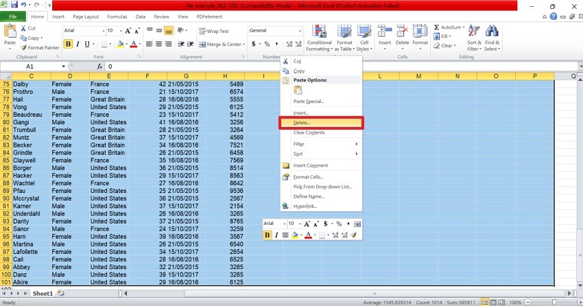 delete unused excel data