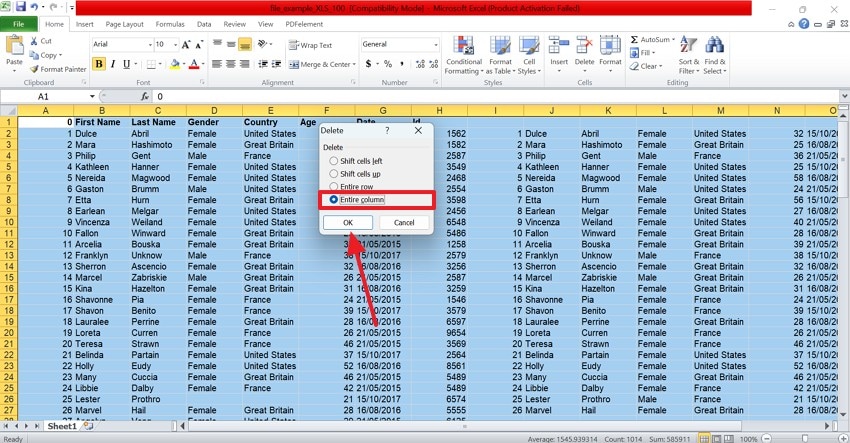 delete entire column or row