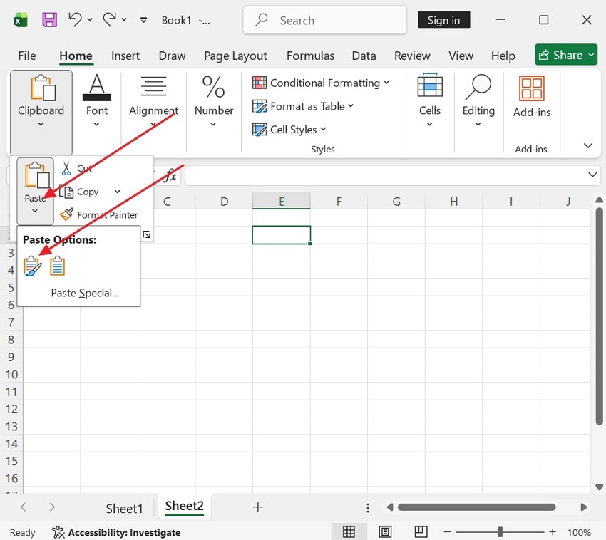 paste selected object in excel