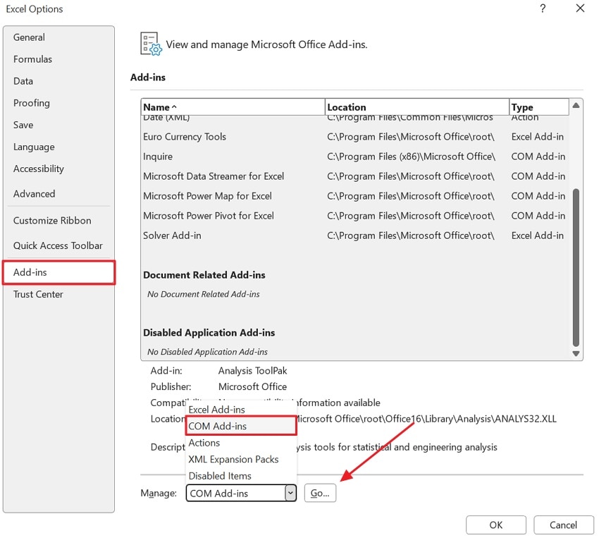 check for add-ins affecting object excel