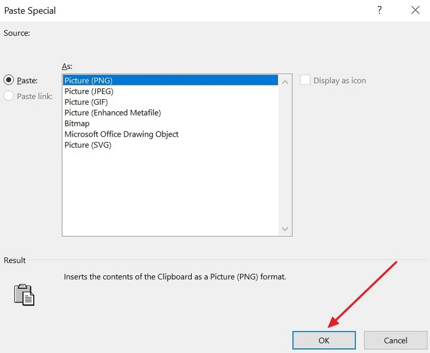 confirm paste object as a picture