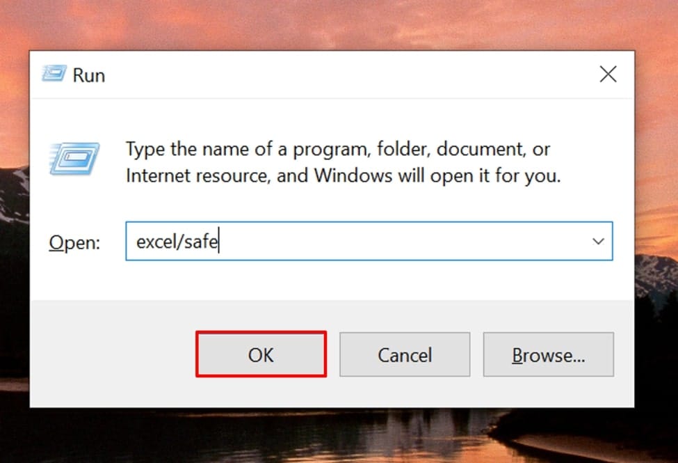 type excel/safe hit ok