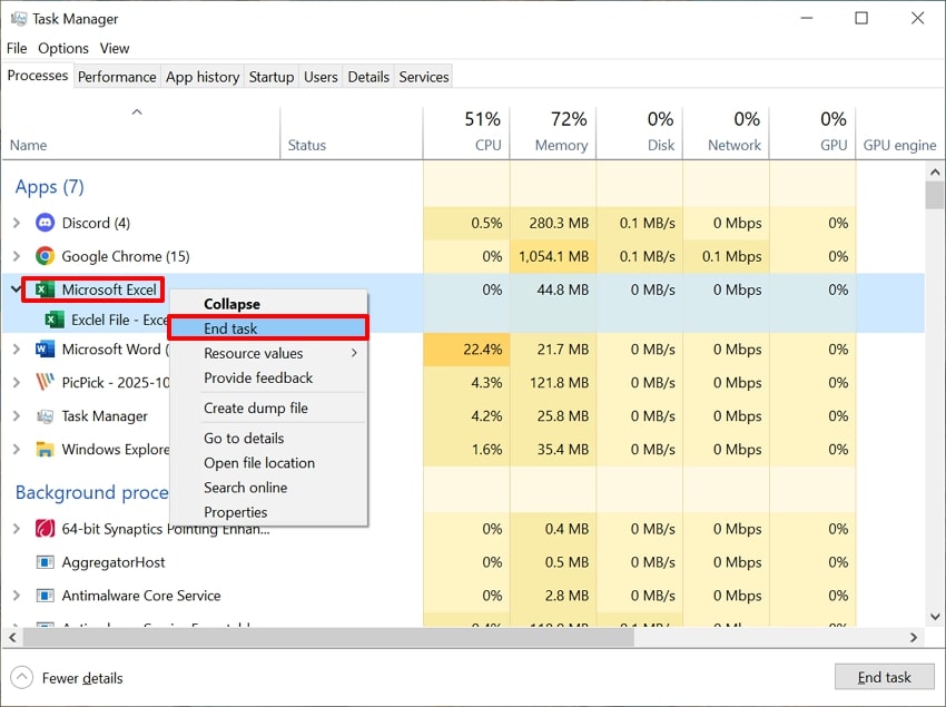 hit the end task option
