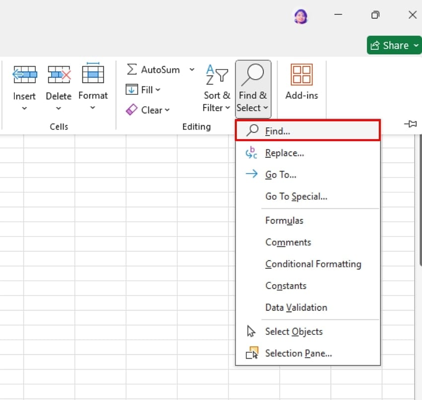 click the find option