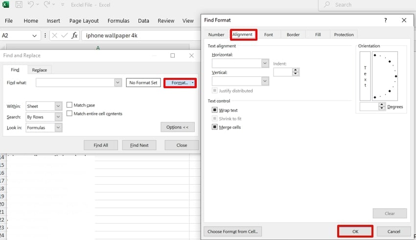 hit the alignment tab click ok