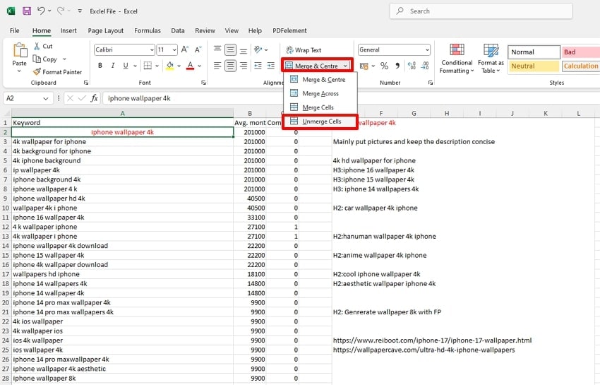 choose unmerge cells option