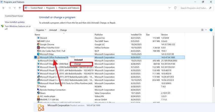 ms office from control panel