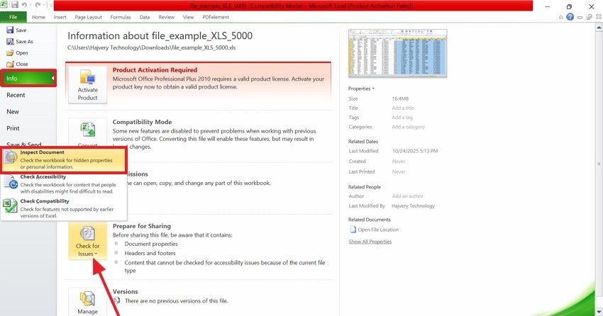 start to inspect document
