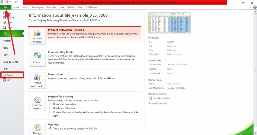enter file options on excel