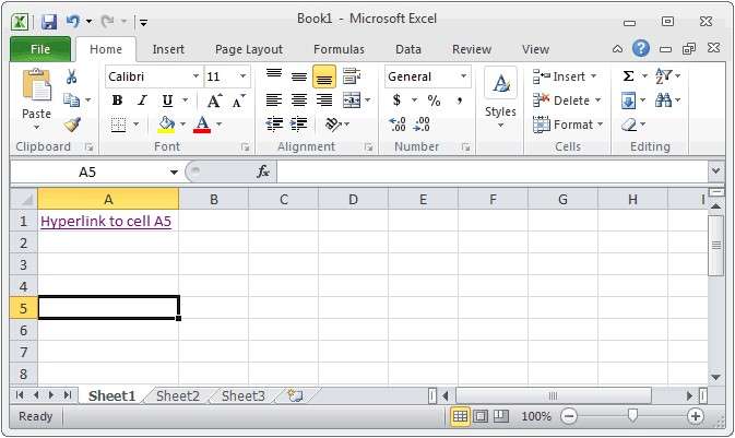 hiperlinks do Excel para célula a5
