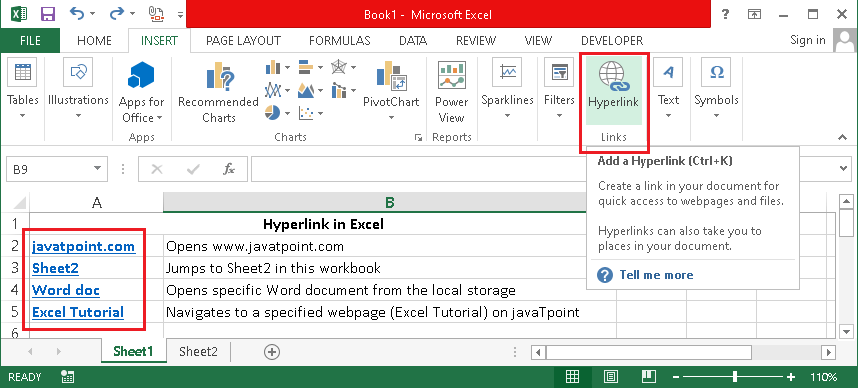 hyperlinks in Excel 