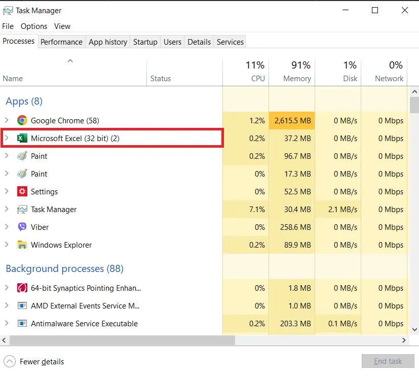 Selecione o Excel no Task Manager 