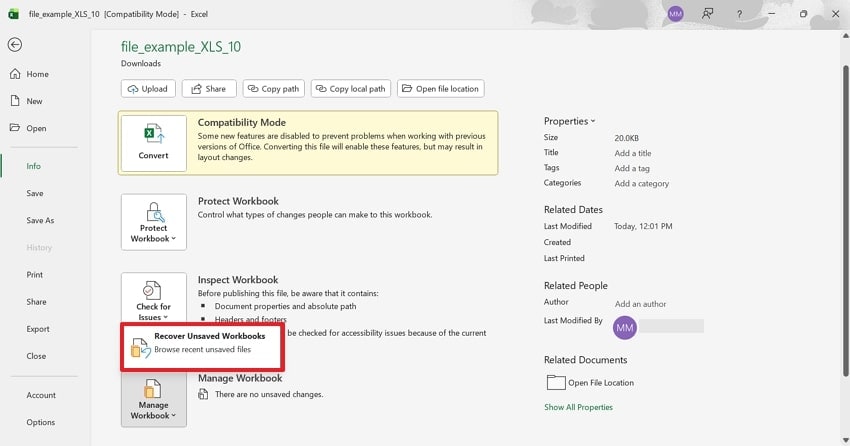 choose recover unsaved workbooks
