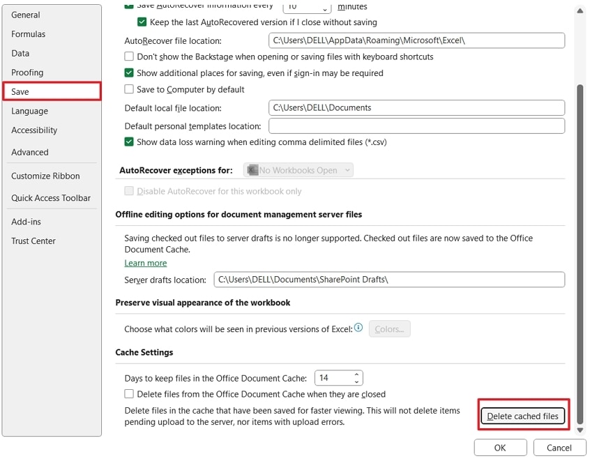 remove excel cached files