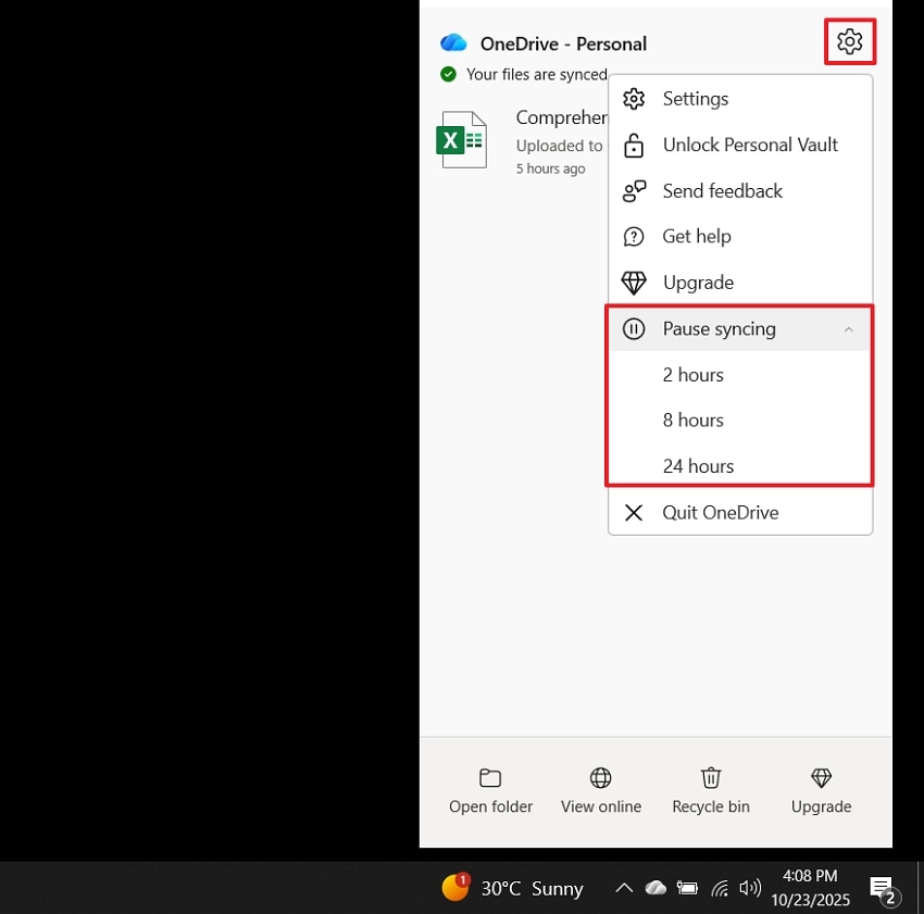 access onedrive pause syncing