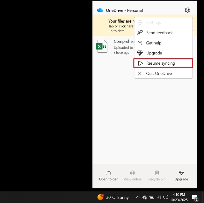 resume onedrive syncing