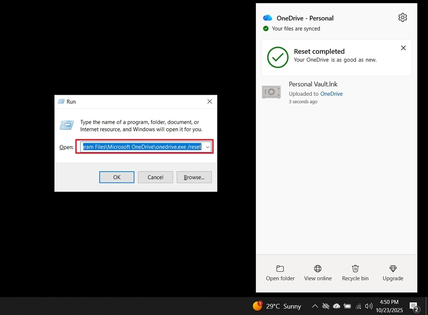 reset onedrive run box