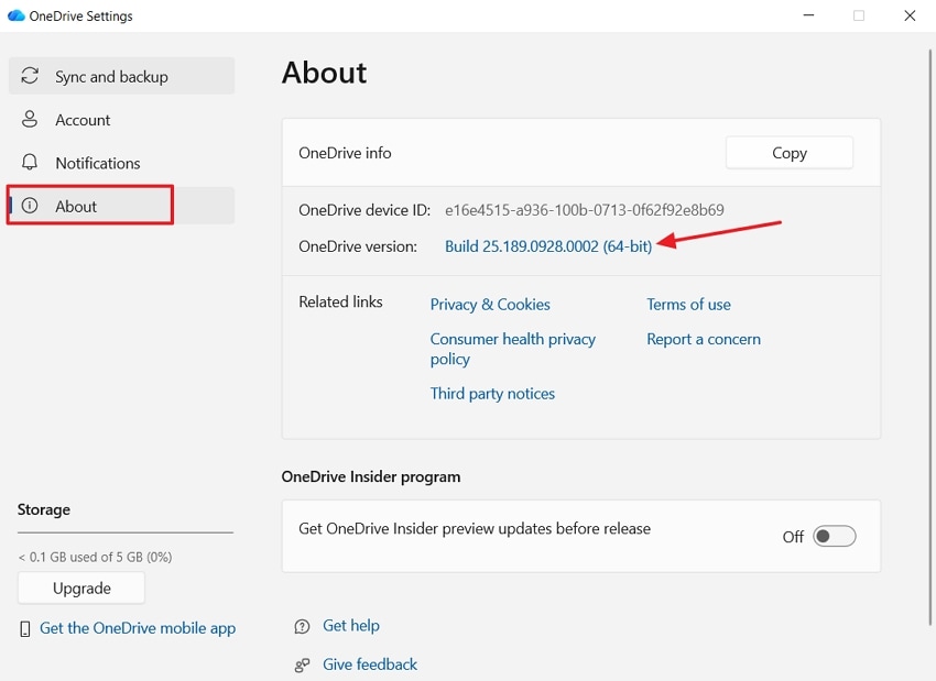 check onedrive current version
