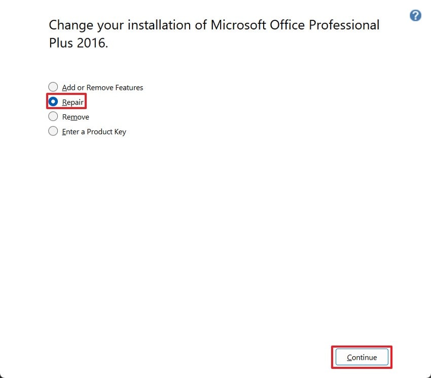 select the repair and continue
